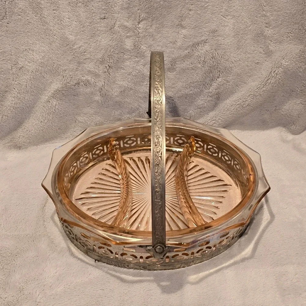 Vintage Pink Depression Glass‎ Divided Relish Dish Silver Filigree Handle Caddy